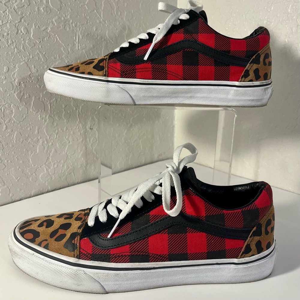 GU Vans Old Skool Colorblock w/ Buffalo Plaid & Cheetah Print; Size Women’s 9.5